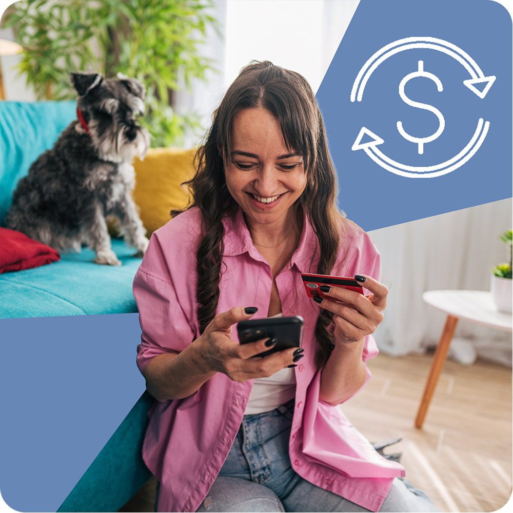young woman making purchase on phone with debit card in hand