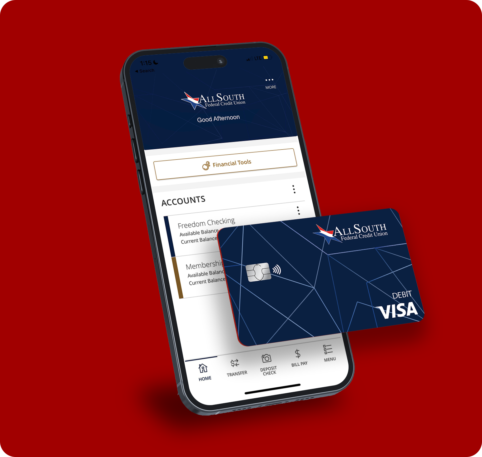 phone with AllSouth mobile banking app and debit card